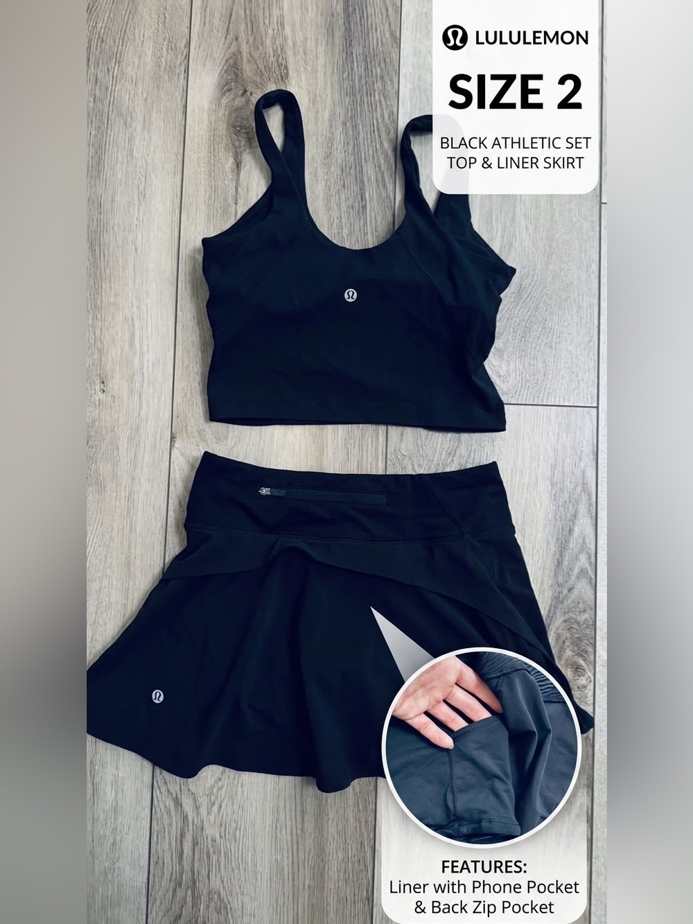 Lululemon Black Tennis Skirt & Sports Bra Set Women’s Size 2 Athletic Activewear
